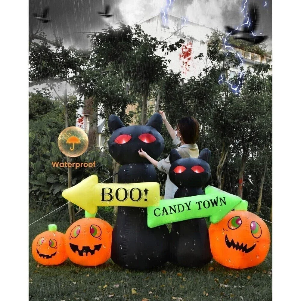 New 8 FT Halloween Inflatables Light Up Black Cat Pumpkins